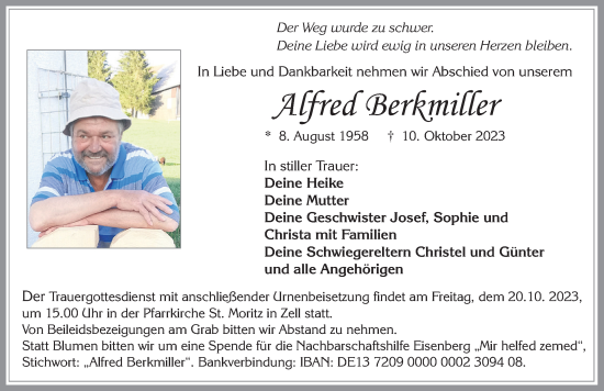 Traueranzeige von Alfred Berkmiller von Allgäuer Zeitung, Füssen