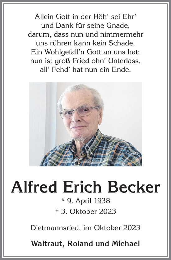 Traueranzeige von Alfred Erich Becker von Allgäuer Zeitung,Kempten