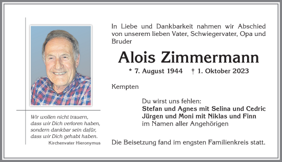 Traueranzeige von Alois Zimmermann von Allgäuer Zeitung,Kempten