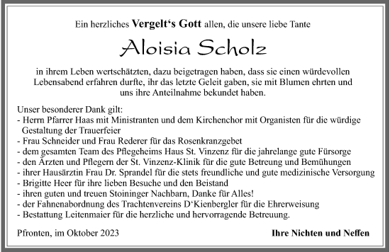 Traueranzeige von Aloisia Scholz von Allgäuer Zeitung, Füssen