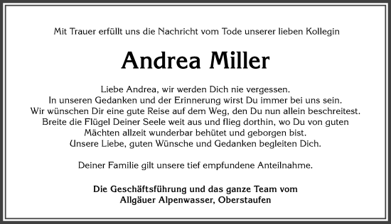 Traueranzeige von Andrea Miller von Allgäuer Anzeigeblatt