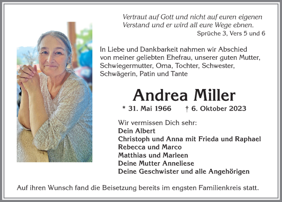 Traueranzeige von Andrea Miller von Allgäuer Anzeigeblatt