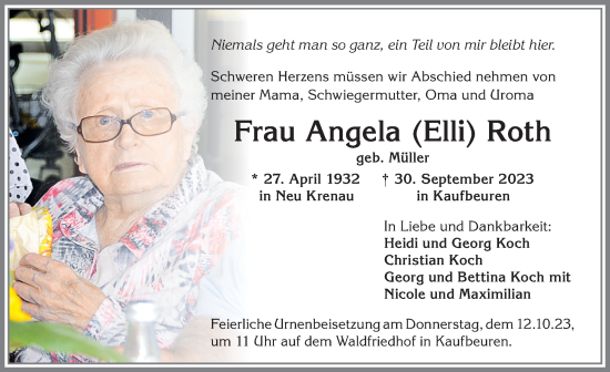 Traueranzeige von Angela Roth von Allgäuer Zeitung, Kaufbeuren/Buchloe