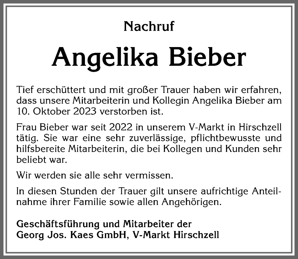  Traueranzeige für Angelika Bieber vom 25.10.2023 aus Allgäuer Zeitung, Kaufbeuren/Buchloe