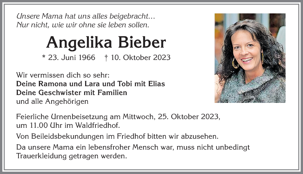  Traueranzeige für Angelika Bieber vom 21.10.2023 aus Allgäuer Zeitung, Kaufbeuren/Buchloe