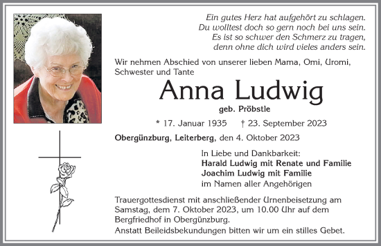 Traueranzeige von Anna Ludwig von Allgäuer Zeitung, Marktoberdorf