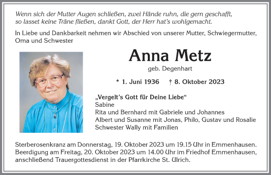 Traueranzeige von Anna Metz von Allgäuer Zeitung, Kaufbeuren/Buchloe