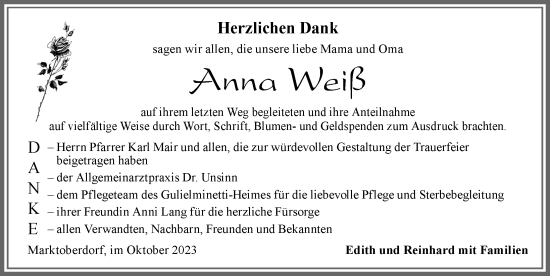 Traueranzeige von Anna Weiß von Allgäuer Zeitung, Marktoberdorf