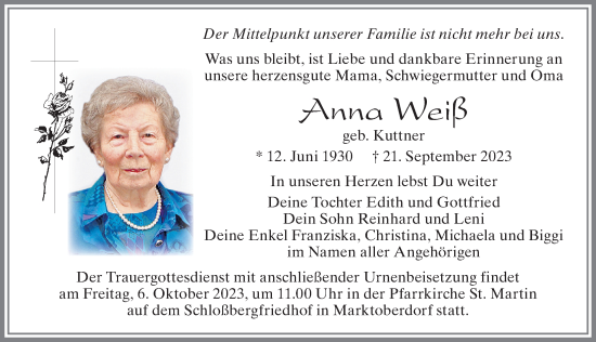 Traueranzeige von Anna Weiß von Allgäuer Zeitung, Marktoberdorf