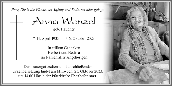 Traueranzeige von Anna Wenzel von Allgäuer Zeitung, Marktoberdorf