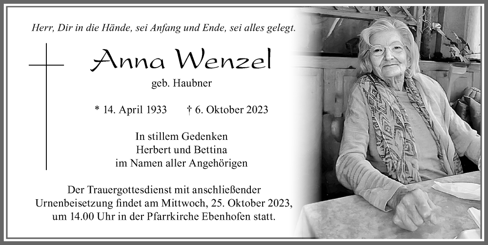  Traueranzeige für Anna Wenzel vom 23.10.2023 aus Allgäuer Zeitung, Marktoberdorf