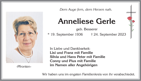 Traueranzeige von Anneliese Gerle von Allgäuer Zeitung, Füssen