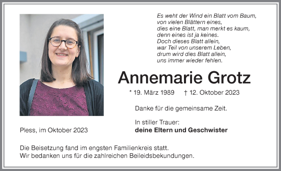 Traueranzeige von Annemarie Grotz von Memminger Zeitung