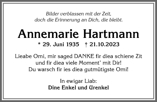 Traueranzeige von Annemarie Hartmann von Allgäuer Anzeigeblatt