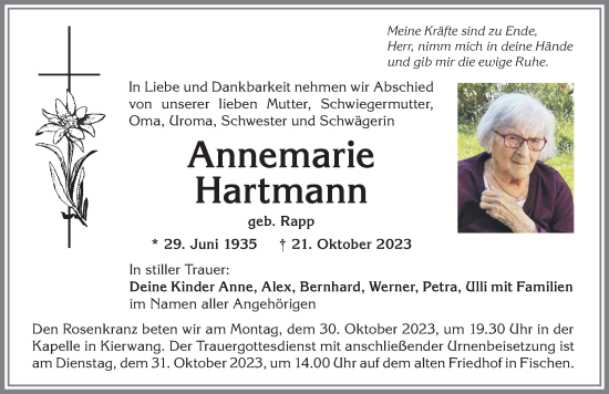 Traueranzeige von Annemarie Hartmann von Allgäuer Anzeigeblatt