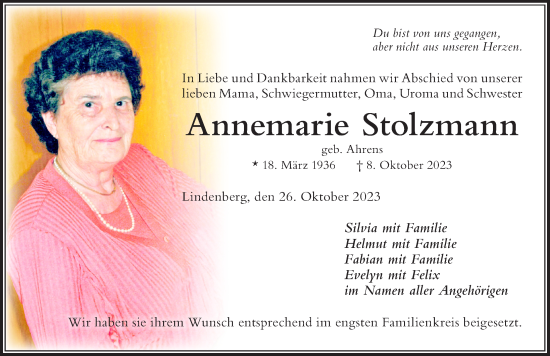 Traueranzeige von Annemarie Stolzmann von Der Westallgäuer