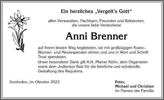 Traueranzeige von Anni Brenner von Allgäuer Anzeigeblatt