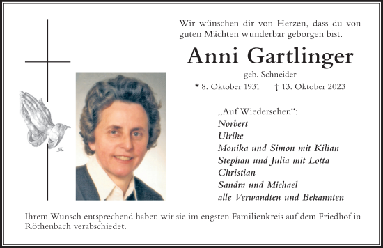 Traueranzeige von Anni Gartlinger von Der Westallgäuer
