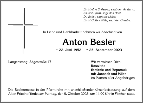 Traueranzeige von Anton Besler von Allgäuer Anzeigeblatt