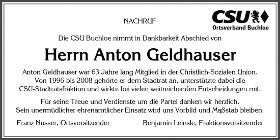 Traueranzeige von Anton Geldhauser von Allgäuer Zeitung, Kaufbeuren/Buchloe