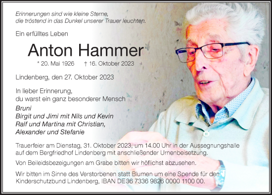 Traueranzeige von Anton Hammer von Der Westallgäuer