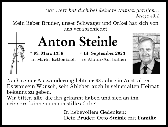 Traueranzeige von Anton Steinle von Memminger Zeitung