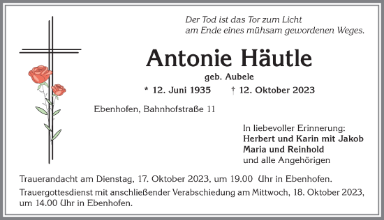 Traueranzeige von Antonie Häutle von Allgäuer Zeitung, Marktoberdorf