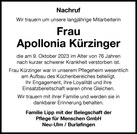 Traueranzeige von Apollonia Kürzinger von Memminger Zeitung