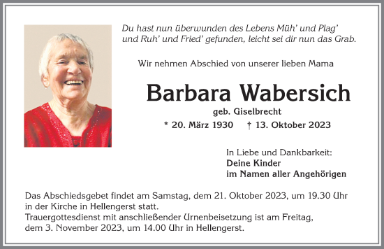 Traueranzeige von Barbara Wabersich von Allgäuer Zeitung,Kempten