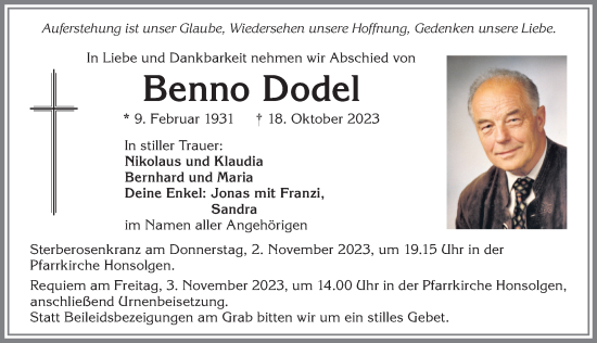 Traueranzeige von Benno Dodel von Allgäuer Zeitung, Kaufbeuren/Buchloe