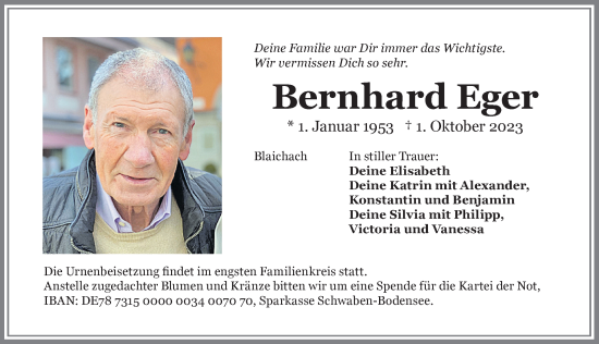 Traueranzeige von Bernhard Eger von Allgäuer Anzeigeblatt