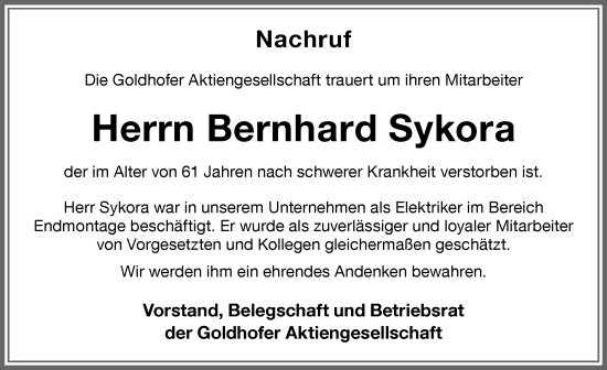 Traueranzeige von Bernhard Sykora von Memminger Zeitung