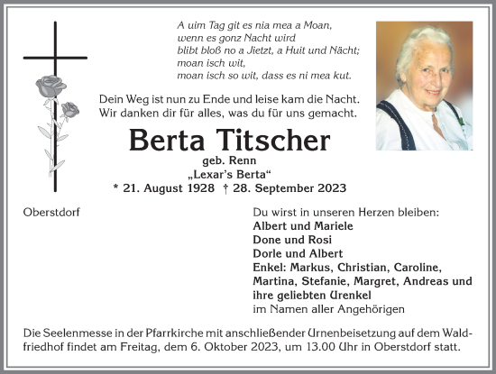 Traueranzeige von Berta Titscher von Allgäuer Anzeigeblatt