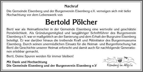 Traueranzeige von Bertold Pölcher von Allgäuer Zeitung, Füssen