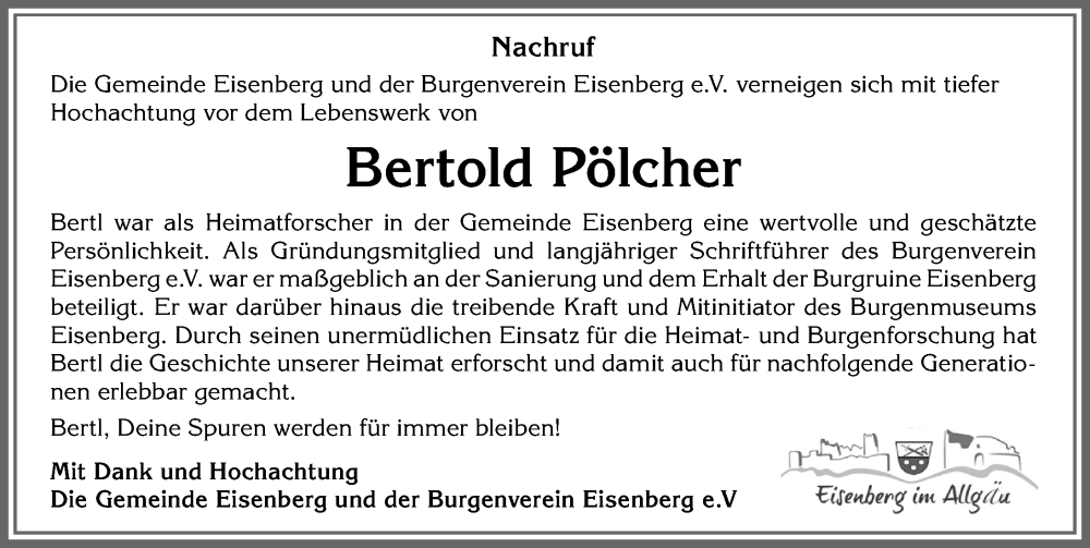  Traueranzeige für Bertold Pölcher vom 28.10.2023 aus Allgäuer Zeitung, Füssen