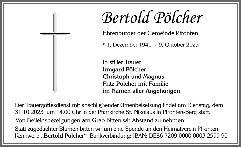  Traueranzeige für Bertold Pölcher vom 26.10.2023 aus Allgäuer Zeitung, Füssen
