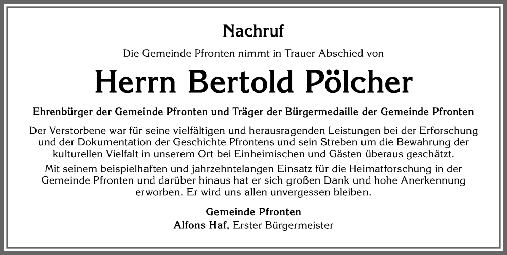  Traueranzeige für Bertold Pölcher vom 26.10.2023 aus Allgäuer Zeitung, Füssen