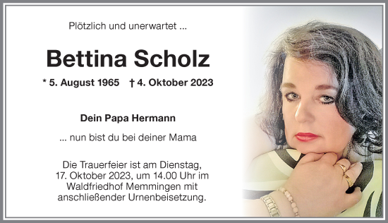 Traueranzeige von Bettina Scholz von Memminger Zeitung