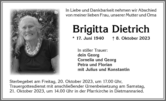 Traueranzeige von Brigitta Dietrich von Allgäuer Zeitung,Kempten
