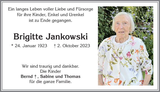 Traueranzeige von Brigitte Jankowski von Allgäuer Zeitung, Kaufbeuren/Buchloe