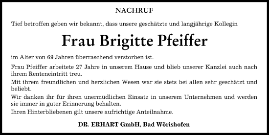 Traueranzeige von Brigitte Pfeiffer von Allgäuer Zeitung, Marktoberdorf