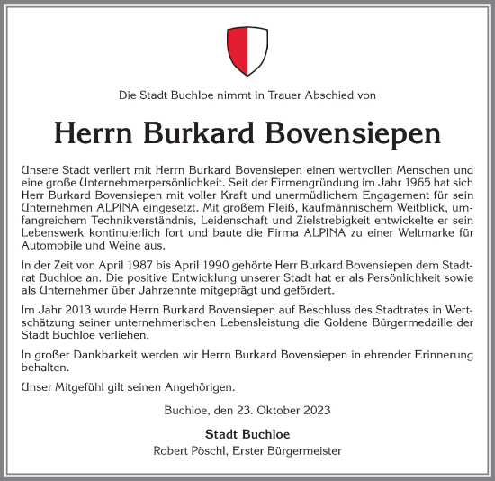 Traueranzeige von Burkard Bovensiepen von Allgäuer Zeitung, Kaufbeuren/Buchloe