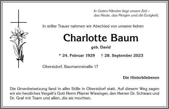 Traueranzeige von Charlotte Baum von Allgäuer Anzeigeblatt