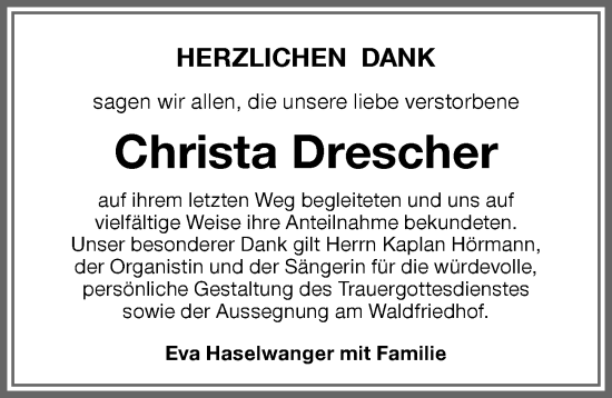 Traueranzeige von Christa Drescher von Memminger Zeitung