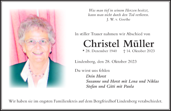 Traueranzeige von Christel Müller von Der Westallgäuer