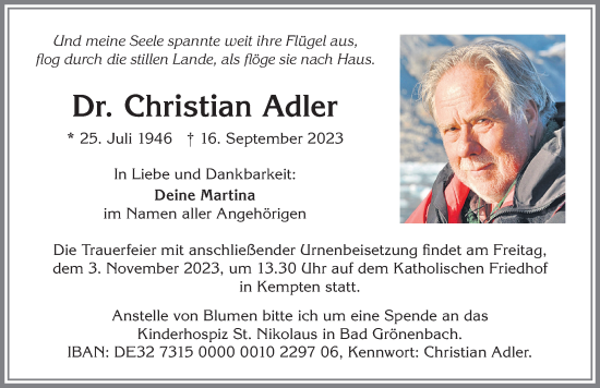 Traueranzeige von Christian Adler von Allgäuer Zeitung,Kempten