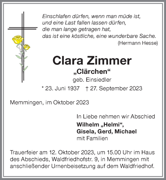Traueranzeige von Clara Zimmer von Memminger Zeitung
