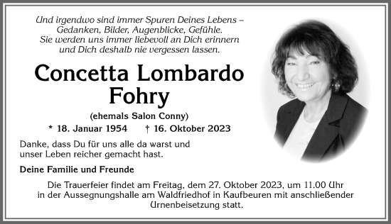 Traueranzeige von Concetta Lombardo Fohry von Allgäuer Zeitung, Kaufbeuren/Buchloe