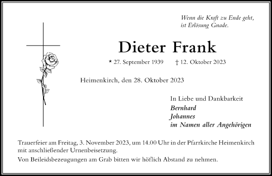 Traueranzeige von Dieter Frank von Der Westallgäuer