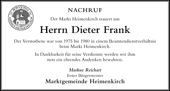 Traueranzeige von Dieter Frank von Der Westallgäuer